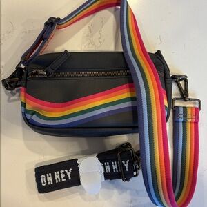 Stylish Black Crossbody Bag with Rainbow Strap